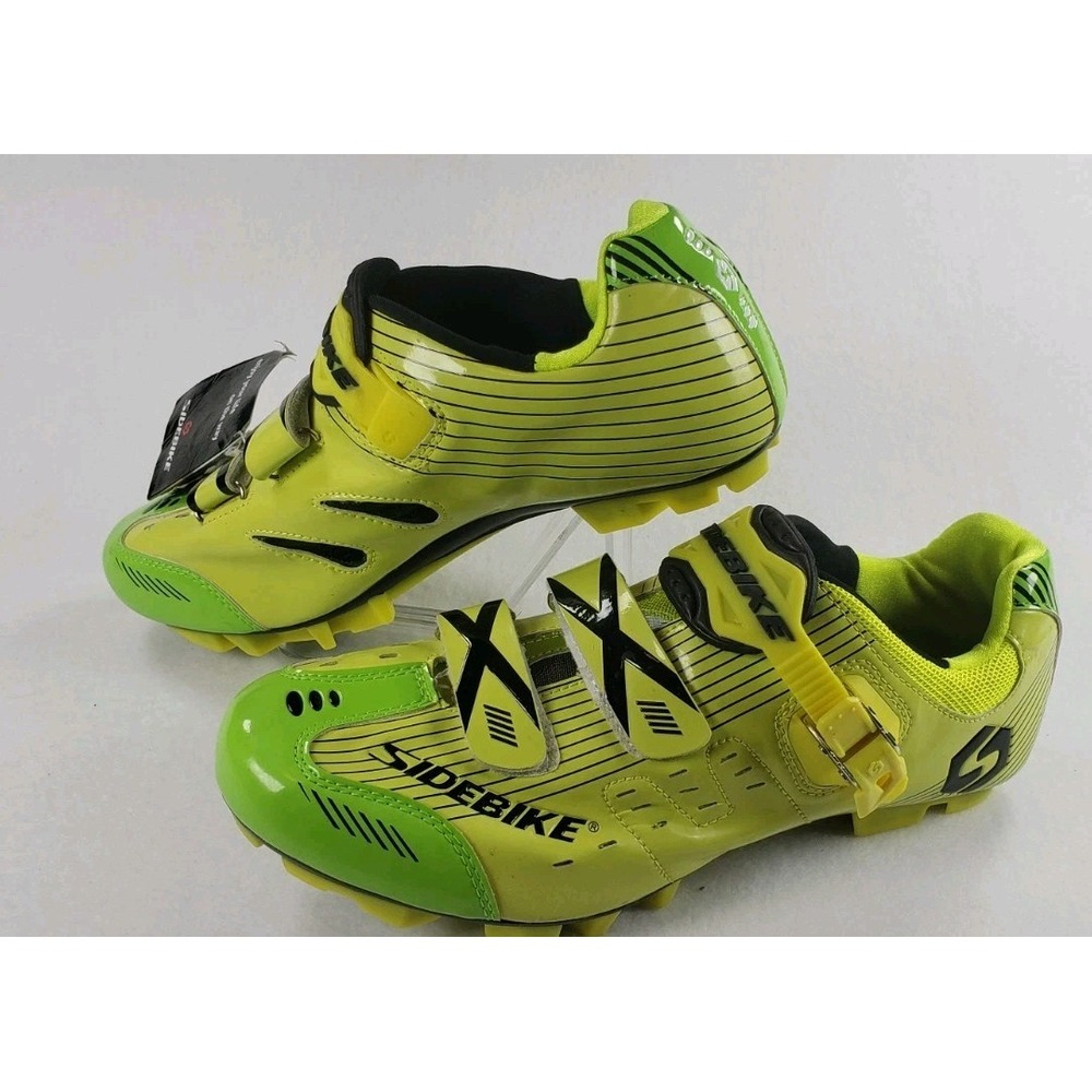 Sidebike Road Cycling Shoes Size 12 Neon Green Yellow 3-Bolt Buckle Hook Loop - Picture 3 of 11
